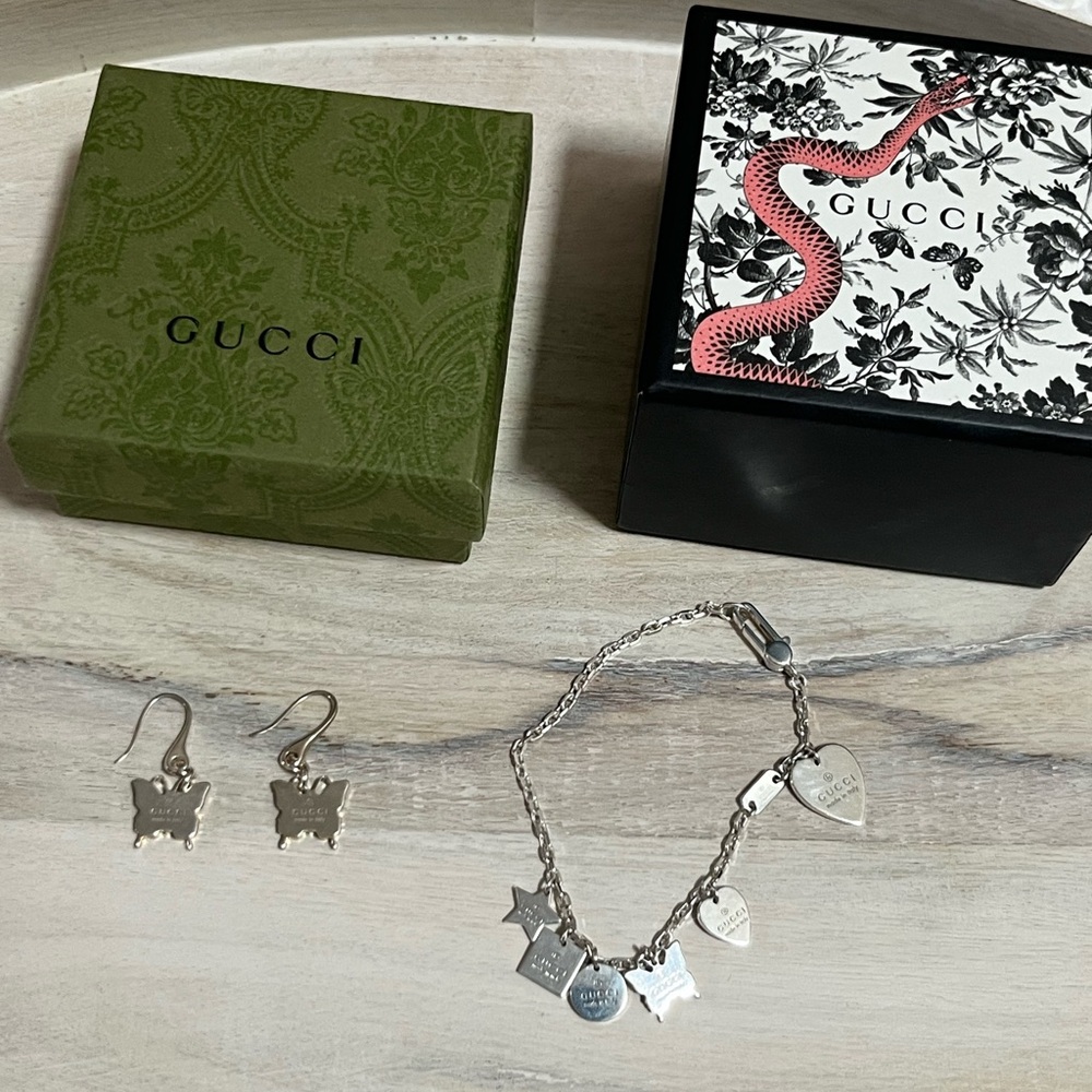 Gucci Silver Charm Bracelet and Earrings Set